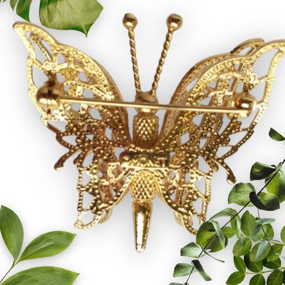 Vintage Monet Signed Butterfly Brooch Pin Gold Tone  3-Dimensional Filigree - Picture 7 of 7